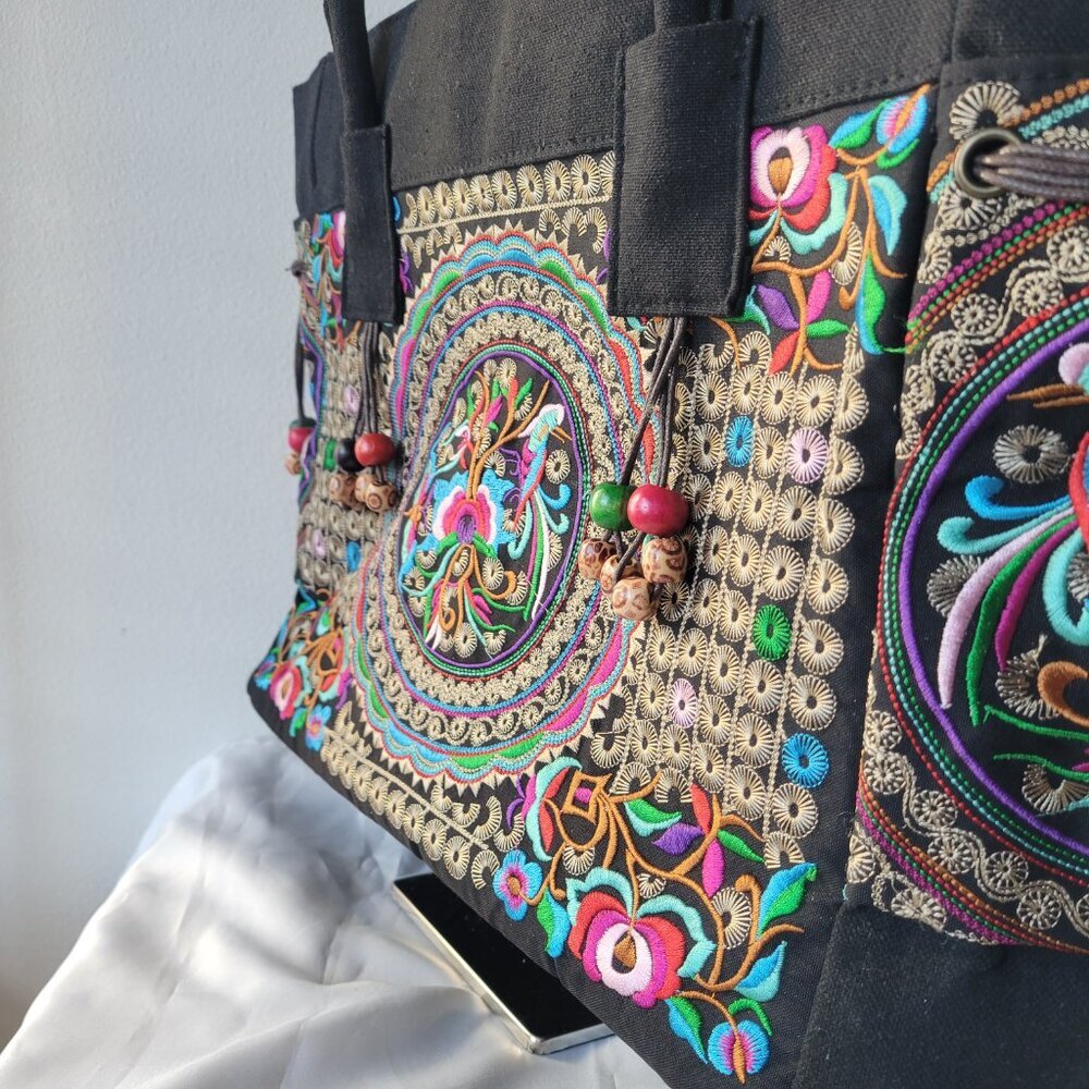 Floral Embroider Ethnic Ladies Large Tote/Shoulder Bag with Wooden Beading - Picture 2 of 12